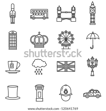 London icons set. England, thin line design. Themed icons of London, linear symbols collection. England showplace, isolated vector illustration