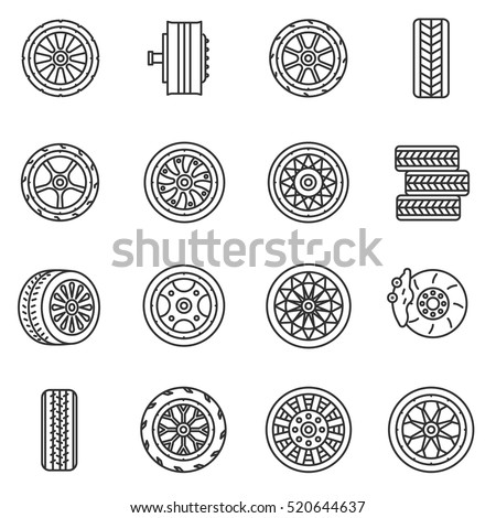 Tires and wheels icons set. The wheel of a car, thin line design. Car tires, rims, linear symbols collection. Wheel of various shapes, isolated vector illustration