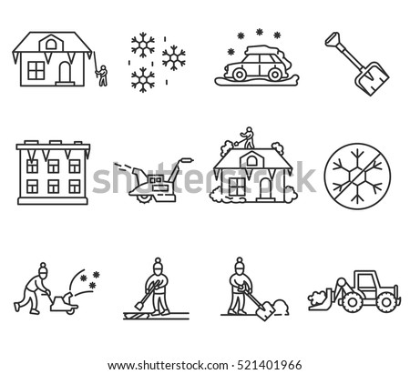 Removal of snow and ice, linear symbols collection. Equipment and tools for snow removal, isolated vector illustration