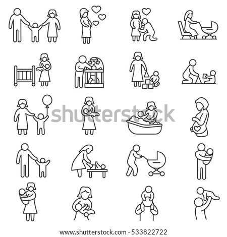 Family, icons set. Baby care, thin line design. Motherhood and fatherhood, linear symbols collection. The interaction of family members, isolated vector illustration.