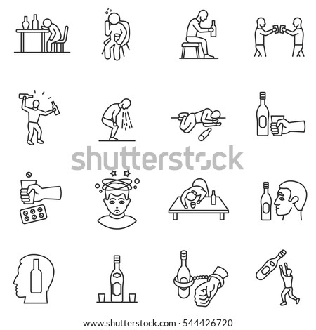 Alcoholism, drunkenness icons set. Hangover. alcohol intoxication, thin line design. Illustration of drunk people, linear symbols collection. isolated vector illustration.