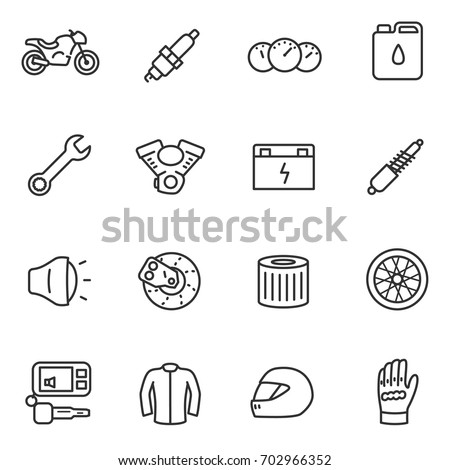 Motorcycles, collection of icons in a linear style. Details and attributes for riding a motorcycle. Line with editable stroke.