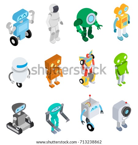 Robots set in isometric style. Robot and android collection Isolated vector Illustrations.