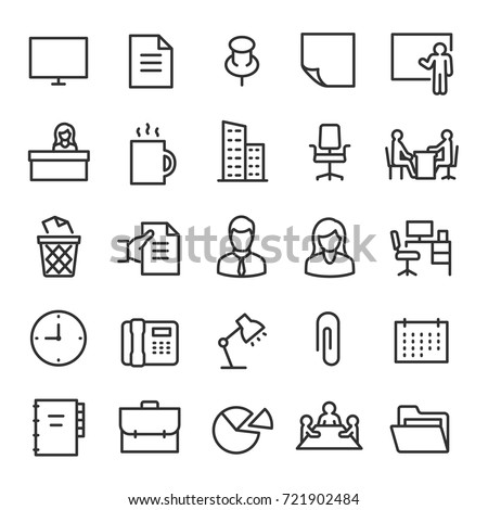 Office, icon set. Collection of icons on the theme of work and business. Workplace attributes. Lines with editable stroke. Isolated vector 