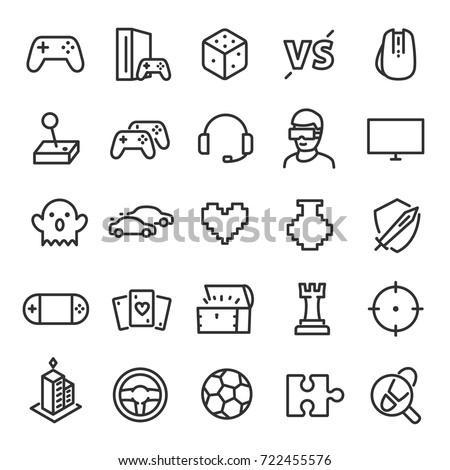 Video games icon set. Game genres and attributes. Linear design. Lines with editable stroke. Isolated vector icons