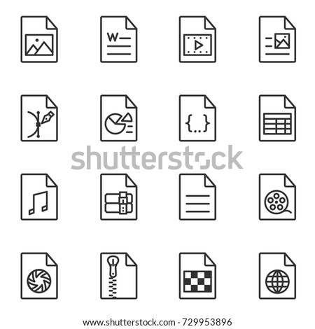 File format icon set. Line style. File extensions : AVI, JPG, MP3, PDF, XLS, PNG, MOV, DOC, EPS, PPT, ZIP, CSS, RAR, HTML, RAW, TXT. Lines with editable stroke.
