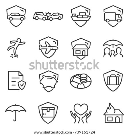 Insurance icon set. Protection of health, life and property, linear design. Line with editable stroke