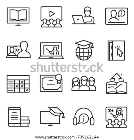 e-learning icon set, thin line design. Distance learning specialty. Line with editable stroke