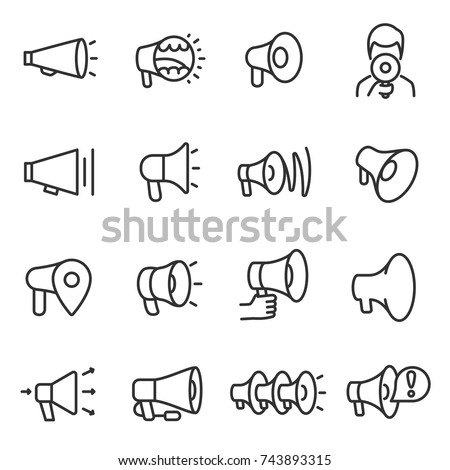 Megaphone icons set, collection in a linear style. Megaphones of various shapes. Line with editable stroke