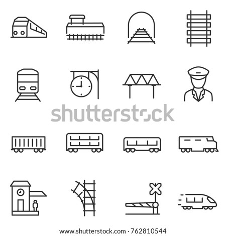 train and railways icon set. intercity, international, freight trains, linear icons. Line with editable stroke