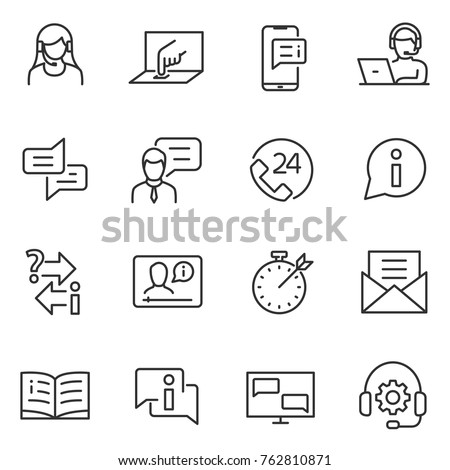 Support service linear icons. Assistance in technical and other matters. telephone operator and web help. Line with editable stroke.