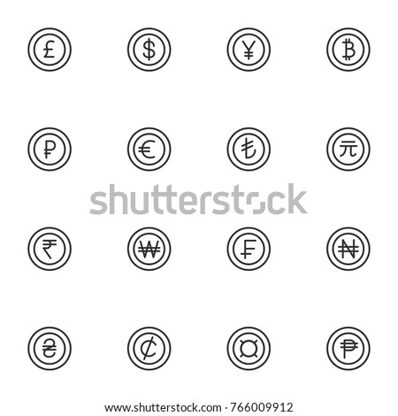 World currency mini icons set. Line with editable stroke. Money and currency simple symbols. Pound, dollar, yuan, bitcoin, ruble, euro, yuan renminbi, rupee, won, swiss and more. 
