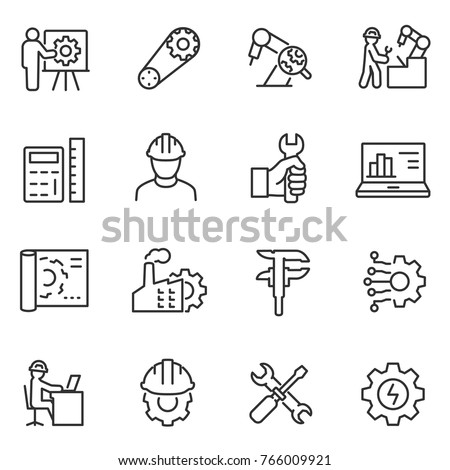 Engineering icons set. Engineer, linear style. Field of technical activity for invent, innovate, design, build, maintain and research. Line with editable stroke