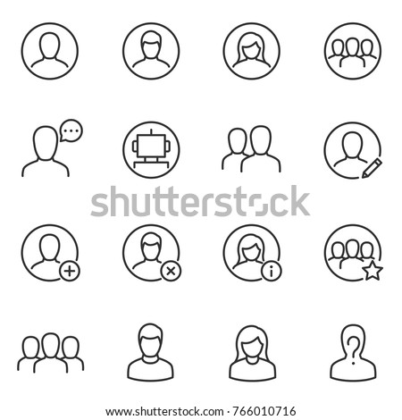 Avatars for user interface icons set. Collection silhouettes of men, women and groups of people for an app or a web site. Line with editable stroke