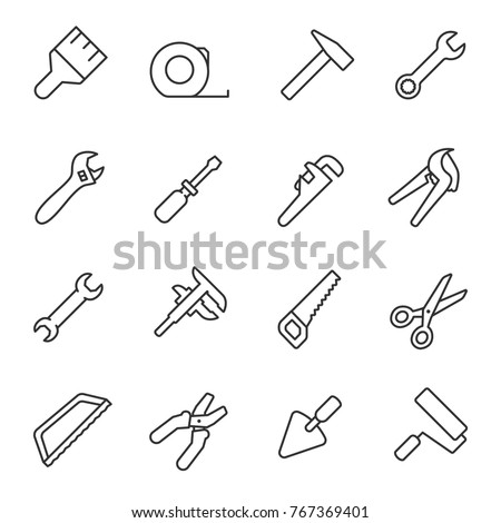 Building mechanical tools icons set. plumbing work, repair, construction buildings. Vector linear icon.  Line with Editable stroke