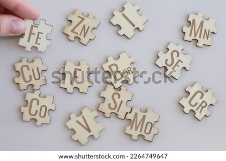 Set of puzzles with 13 most important trace elements with inscriptions on beige background. Fe, Zn, I, Cu, Me, F, Se, Bor, Si, Cr, V, Co, Mo. Photo stock © 