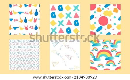 six sets of hand drawn seamless patterns, with a variety of unique image shapes, various hand shapes, playstation control buttons, abstract, paper airplanes, rainbow, using pastel colors yang sangat m