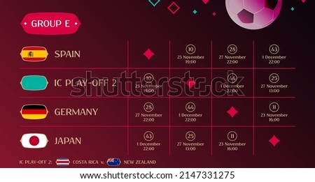 Match schedule group E, 2022 final draw results table, flags of countries participating to the international soccer tournament in Qatar, vector illustration