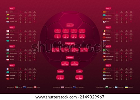 Match schedule 2022 final draw results table, flags of countries participating to the international soccer tournament in Qatar, vector illustration 商業照片 © 