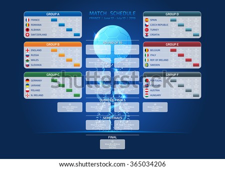 Match schedule, template for web, print, France 2016 football results table, vector illustration