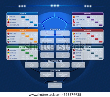Match schedule, template for web, print, football results table, flags of european countries participating to the final tournament of Euro 2016 football championship, vector illustration