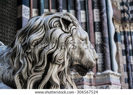 Lion Statue Cathedral San Lorenzo, Liguria, Genoa, Italy / Sculpture of a stone lion in cathedral of St. Lawrence