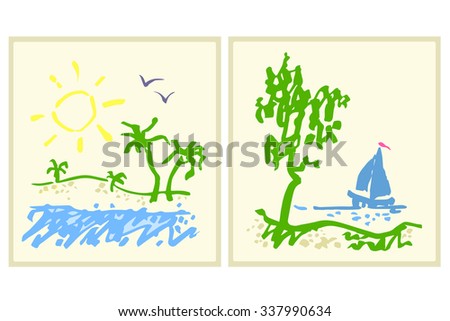 Vector childish square sketches of landscapes with sun, tree, palms, gulls, coast, sea, sailfish on a beige paper 