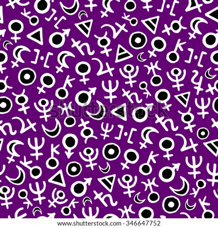 Vector pattern with white and black astrological symbols of planets and elements on violet background. Seamless pattern can be used for wallpaper, pattern fills, web page background,surface textures.
