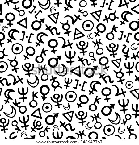 Vector pattern with black astrological symbols of planets and elements on white background. Seamless pattern can be used for wallpaper, pattern fills, web page background,surface textures.