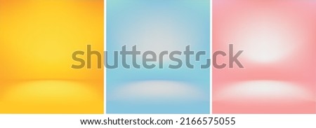 Gradient background set, abstract empty room with space for text and pictures. Three colours, yellow, light blue and pink. Vector illustration style.