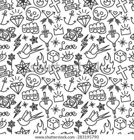 Tattoo pattern. Old school vector seamless background