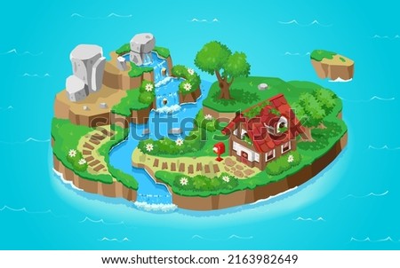 Isometric 3d fantastic islands, details for gui, game design. Cartoon illustration of nature landscape, wooden house villa, small river, waterfall and boulders.