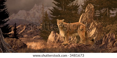 Mountain Lion / An original 10x22 painting by Larry Jacobsen of a cougar in the Colorado Rockies. / SW-017