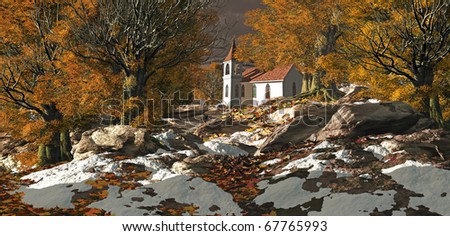 A little country church in a fall season landscape.