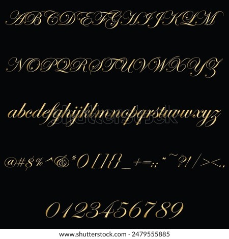 Edwardian Script ITC Font, Alphabet, Golden Capital Letters, Uppercase Letter, Golden Numbers and Symbols