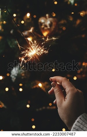 Similar – Foto Bild Menschen verbrennen bengalische Lichter. Wunderkerzen-Hintergrund. Weihnachts- und Neujahrsfeiertage mit Wunderkerzen im Hintergrund.