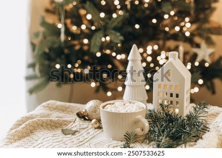 Similar – Image, Stock Photo Delicious fir tree with white chocolate, sugar pearls and red jam on dark plate in moody style