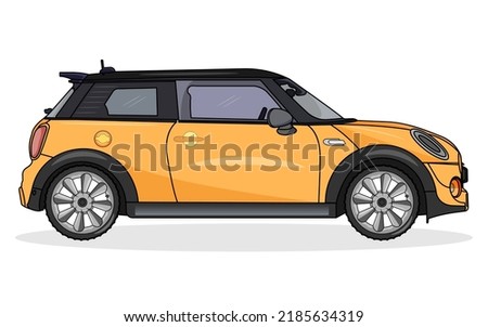 fast and fashion yellow mini cooper with roof and wheels, simple and flat	