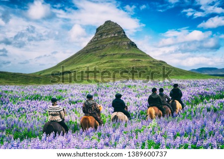 Tourist ride horse at Kirkjufell mountain landscape and waterfall in Iceland summer. Kirjufell is the beautiful landmark and the most photographed destination which attracts people to visit Iceland. 商業照片 © 