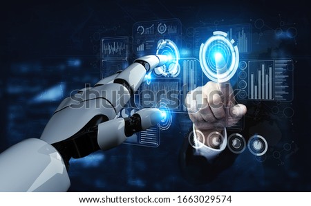 3D rendering artificial intelligence AI research of robot and cyborg development for future of people living. Digital data mining and machine learning technology design for computer brain. Сток-фото © 