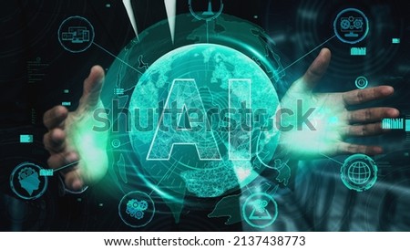 AI Learning and Artificial Intelligence conceptual - Icon Graphic Interface showing computer, machine thinking and AI Artificial Intelligence of Digital Robotic Devices. 商業照片 © 