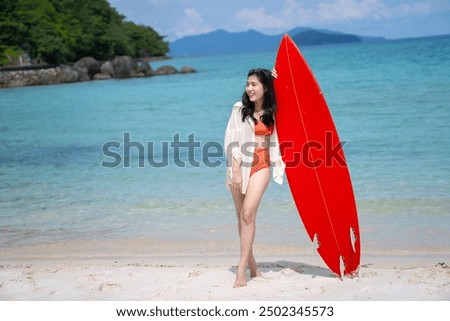 Similar – Image, Stock Photo Sportswoman on shore with paddle board