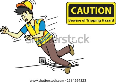 Illustration of construction hazards. A cartoon male character tripped over an electric cable. He lost his balance and His body is in the process of falling on the ground.