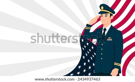 Soldier vector illustration saluting the USA flag for memorial day. Remember and honor.Poster or banner background with copy space
