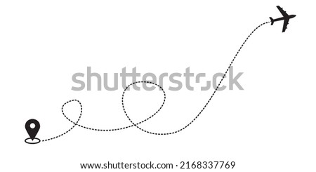 The plane path is in the form of a dotted line. Airplane route isolated on a white background. Vector