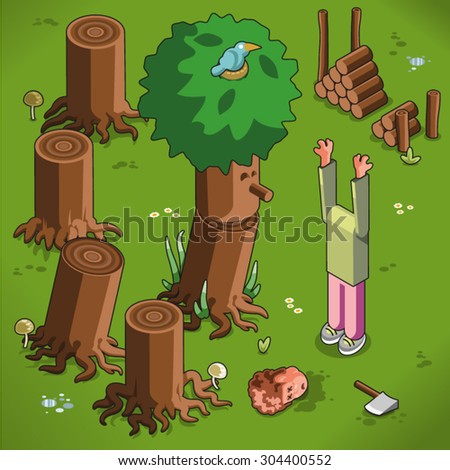 Tree laughing at an unsuccessful lumberjack who accidentally chopped off his own head (isometric illustration)