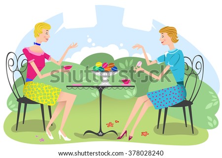 Two women sitting in an outdoor cafe, having coffee and cookies, talking to each other; speech bubbles left blank for your text (Fifties retro style)