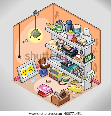 Untidy storeroom with lots of things stuffed in a shelf (isometric view) Foto stock © 