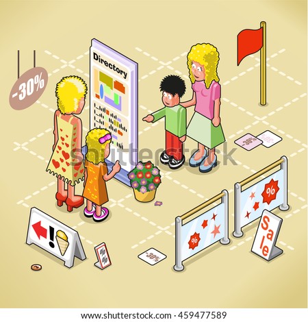 Women and kids looking at a mall directory, mall interior indicated (isometric view)