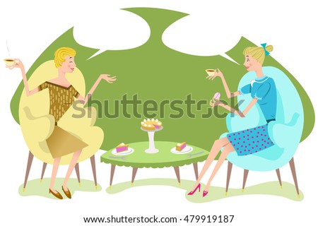 Two women sitting in easy chairs, having coffee and cake, talking to each other; speech bubbles left blank for your text (Fifties style)